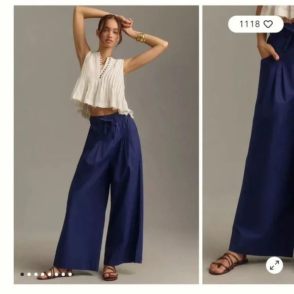 Anthropologie Maeve Pants Women Utility Wide Leg Blue Trousers Preppy - Picture 1 of 12